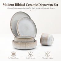 Ensemble de 2 à 4 pièces de vaisselle en céramique durable, à glaçure réactive, côtelée et mate, comprenant assiettes à steak, assiettes à pâtes, bols et tasses, bleu clair, moderne, compatible micro-ondes