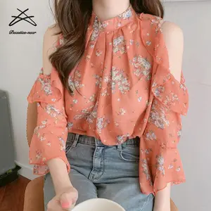 Wholesale Asian Flower Print Ladies Fashion Casual Women Summer Chiffon Sexy Flare Shirt Top Blouse