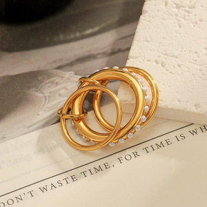 yunnique Geometric <b>Ring</b> 18k Gold Plated <b>Titanium</b> Steel With Pearl Inlay Stackable Unisex Fashion Jewelry Gift - Product Image 1