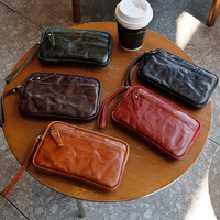 Tas Dompet Kulit Sapi Asli Full Grain Retro Vegetable Tanned Dengan Tali Pergelangan Tangan, Kapasitas Besar Untuk Wanita
