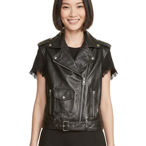 Veste sans manches en cuir véritable noir asymétrique pour femme, style motard, col à revers, ceinture à la taille, streetwear, vêtements d'extérieur tendance - Product Image 2