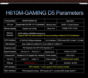 Jginyue H610 Bo mạch chủ lga1700 Hỗ trợ <span class=keywords><strong>Intel</strong></span> <span class=keywords><strong>Core</strong></span> i3/i5/i7/I9 12th 13th Bộ vi xử lý <span class=keywords><strong>Dual</strong></span> Channel DDR5 Bộ nhớ RAM H610M-GAMING D5 - Product Image 4