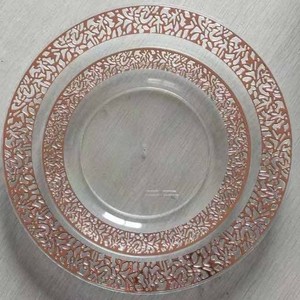 Assiettes et soucoupes jetables en plastique rigide or rose de 7,5 et 10,25 pouces ; Assiettes estampées à chaud au design minimaliste moderne - Product Image 3