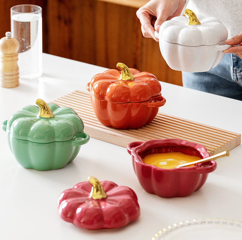 Pumpkin Bowl Set with Lid and Handle Ceramic Ramekins for Baking