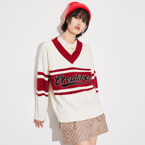 Suéteres de mujer personalizados de manga larga con cuello en V letra Jacquard prendas de punto hombro caído ropa de mujer prendas de punto sueltas mujeres - Product Image 4