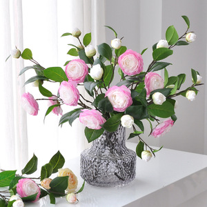 Bouquet de fleurs artificielles de camélia Yoshinobu, fleurs en soie rose, décoration d'intérieur, salon, accessoires de mariage - Product Image 1