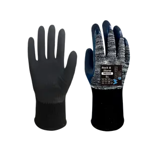 High Performance Rock Stone Reinforced Latex Wrinkled Work Gloves Black White Polyester Cotton Natural Latex Work Gloves