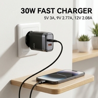 Cantell Chargeur rapide en alliage d'aluminium de haute qualité 30W PD 2.0/QC3.0 Type-C avec câble de 1m pour outil électrique et téléphone portable