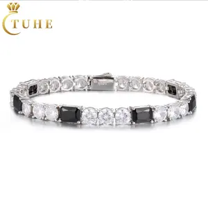 European Minimal Style Jewelry 6mm 925 Sterling Silver AAAAA CZ Diamond Black Emerald Cut Gemstone Cluster Tennis Bracelet