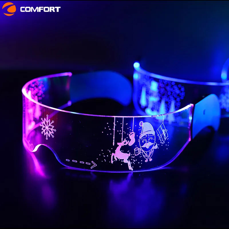 Gli occhiali a led in plastica lampeggianti con Logo personalizzato di moda natalizia illuminano gli occhiali da sole per la festa