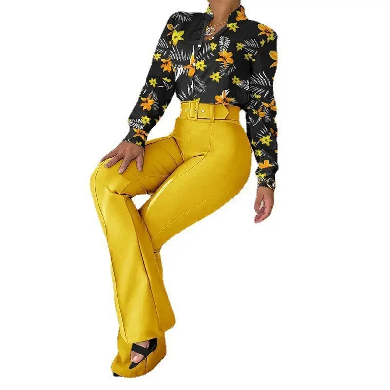 Womens blouse shirt Casual Suit Printed Stand Collar Long Sleeve Shirt Top Blouse Wide Leg Pants Two-Piece Set with belt