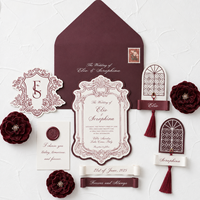 Invitations de mariage de luxe, suite d'invitations de mariage personnalisées, rouge vin, bordeaux, or, sceau de cire, design baroque