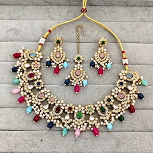 Indian Traditional Antique Gold Plated Kundan Choker <b>Necklace</b> Set Maroon <b>Ruby</b> Red Gemstone Bead Bridal Jewelry Set with Earrings - Product Image 1