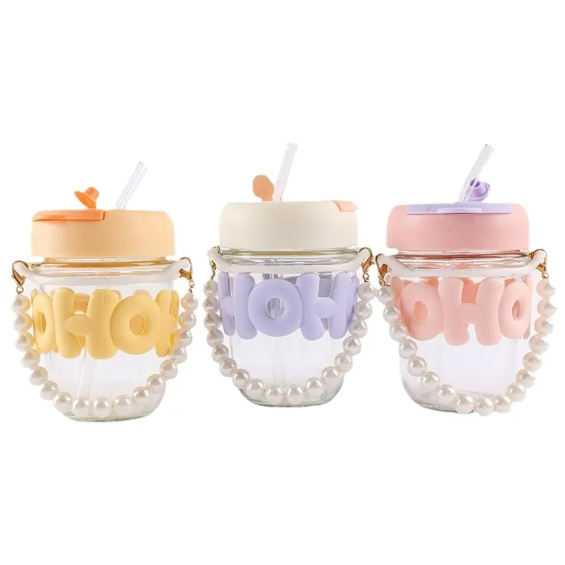 yellow/blue/pink-Water cup with pearl chain