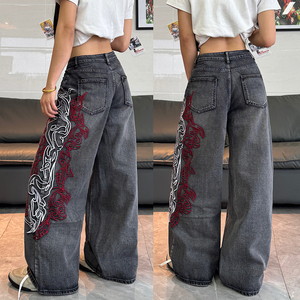 Jeans <span class=keywords><strong>Larghi</strong></span> alla Moda per Ragazze, <span class=keywords><strong>Pantaloni</strong></span> in Denim a Vita Alta, Jeans Ricamati a Gamba Larga per Donne - Product Image 5