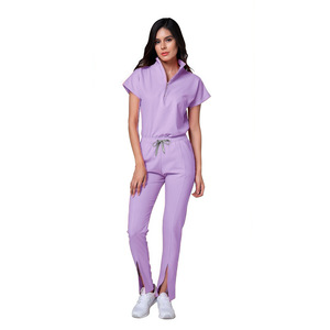 Women's Split Set <b>Scrub</b> Uniform Solid Color Moisture Wicking Hospital Work Nurse Wear With Zipper Front - Product Image 3