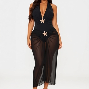 Traje de Baño de Una Pieza con Cuello Halter y Escote Profundo <span class=keywords><strong>en</strong></span> V para Mujer, con Decoración de Estrella de Mar y Pareo de Malla, Conjunto de 2 Piezas, Moda Sehe - Product Image 6