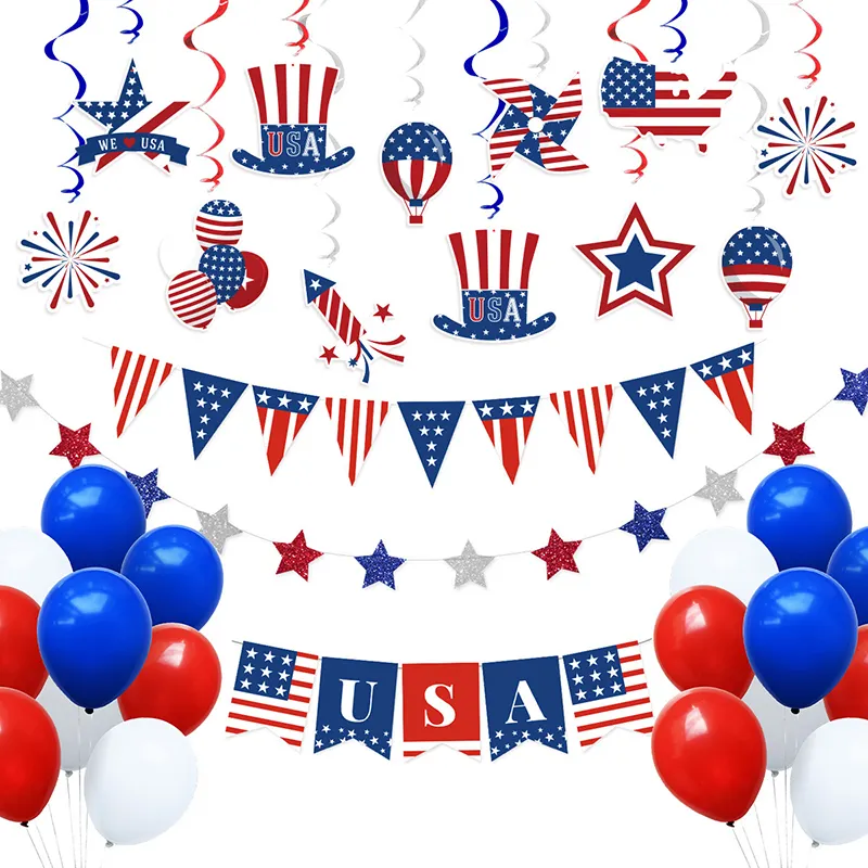 Nieuwe 4th Juli Amerikaanse Independence Day Party Decoratie Benodigdheden Latex Ballonnen Opknoping Wervelingen En Usa Banner Set
