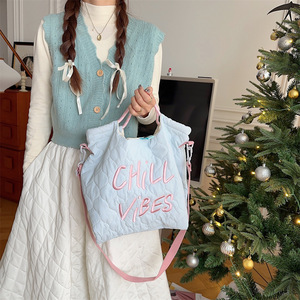 Sac en toile automne-hiver, broderie de lettres coréennes, sac à main matelassé, sac messager, forme carrée, léger, grande capacité - Product Image 2