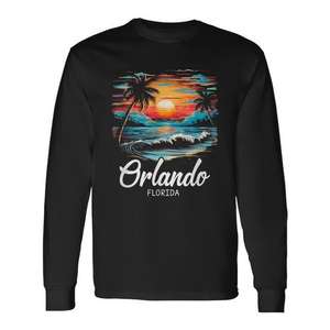Camiseta de Manga Larga con Diseño Retro de Atardecer en Orlando, Florida, Unisex, Cuello Redondo, para Adultos, Ropa Promocional - Product Image 1