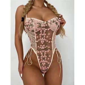 Bodysuit renda semi-sheer model petal Amerika terlaris, pakaian dalam seksi wanita dewasa, rajutan kontrol sedang dari bahan dacron - Product Image 1