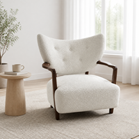Fauteuil d'appoint Boucle Wingback, style Mid-Century, fauteuil lounge, crème, blanc cassé, capitonné, structure en bois massif, accoudoirs courbes, pour salon