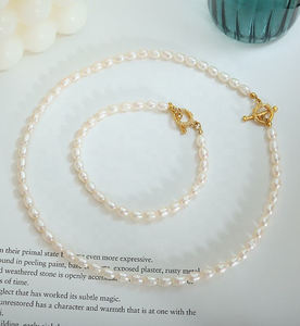 חדש צמיד זהב 18K מצופה זהב 18k אבזם פלדה פנינים טבעיות מים מתוקים ערכת תכשיטי כלה - Product Image 3