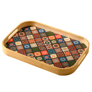 Ensemble de plateaux de service en bambou avec motif de carreaux floraux pour la maison, les collations, les fruits, le café, le thé et le rangement - Product Image 5