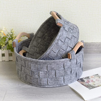 Panier de rangement pour vêtements en feutre polyester, rond, moderne et tendance, tissé à la main, personnalisé, ensemble de 3 pièces avec poignées en bois