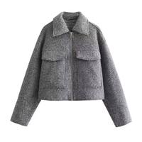 Blouson bomber court respirant en laine tissée pour l'automne et l'hiver, 100% laine, col rabattu