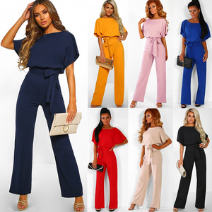 I-0792 Tuta Elegante da Donna con Lacci <span class=keywords><strong>in</strong></span> Vita, Tinta Unita, Gamba Dritta, Collo Rotondo e Maniche Corte - Product Image 1