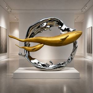 Escultura de Acero Inoxidable Whale Splash, Estatua Artística de Vida Marina en Dos Tonos con Acabado Dorado Espejado para Decoración de Jardín y Paisaje - Product Image 6