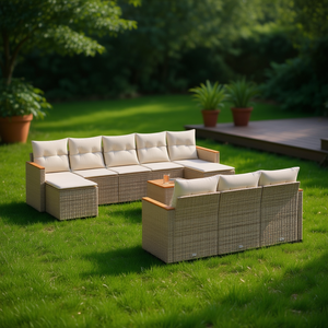 Ensemble de canapés de jardin modulaires en polyrotin beige, meubles d'extérieur confortables, design moderne, coussins en mousse haute densité - Product Image 2
