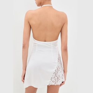 New Design Custom Lace Panel <b>Halter</b> Satin Mini <b>Dress</b> <b>Backless</b> Asymmetric Hem Slip <b>Dress</b> for Women - Product Image 4
