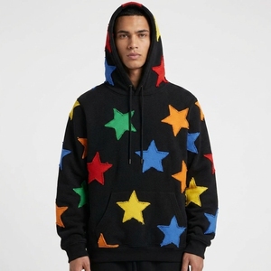 Sweat-shirt à capuche pour homme en polyester et coton avec appliqué, motif étoile multicolore, style streetwear décontracté - Product Image 1