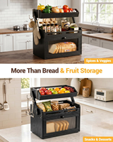 Multifunktionale Brotbox aus Bambus, Obstkorb mit Erhöhtem Regal, Transparente Tür, 2 Bananenhaken - Großer Schwarzer Küchenorganizer