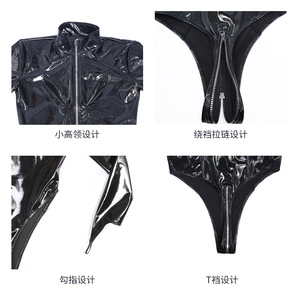 Body de cuero brillante sexy para mujer, de manga larga con cuello alto leotardo, ropa para discoteca, traje ajustado, ajuste personalizado - Product Image 4