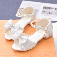 Sandales à talons avec nœud en sequins et bride cheville - Chaussures de soirée à talon carré ornées de strass pour enfants