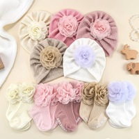 Conjunto de Gorro y Calcetines de Gasa con Flores Tejidas para Bebé, Accesorios Transpirables para Bebés de 0 a 6 Meses