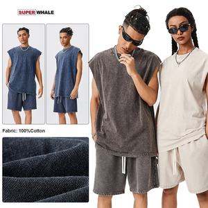 عالية الجودة للرجال قمم للدبابات حمض غسل خزان أعلى شعار مخصص المتضخم بلا أكمام تي شيرت - Product Image 3