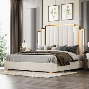 PZCN HOME Wholesale Cheap Modern White Fabric Upholstered <strong>Bed</strong> king Size <strong>Bed</strong> <strong>Frame</strong> Queen Size <strong>Bed</strong> <strong>Frame</strong> with <strong>Gold</strong> Decoration - Product Image 4