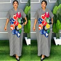 Robe longue décontractée africaine en coton à manches courtes pour femme, motif imprimé, avec foulard, ensemble de vêtements africains pour femme avec boubou