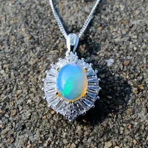 Ladies Wedding Gift 925 Sterling Silver Vintage 7x9mm Jewelry Natural Ethiopians Opal Pendant Necklace