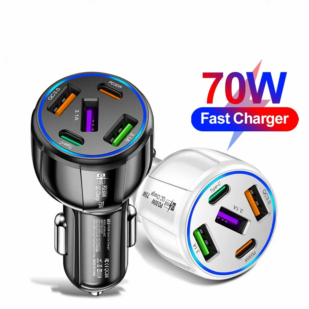 2024 Universal 75W QC3.0 PD 30w Car Charger Quick Adapter 5 Port 3 USB Double Type-C Super Fast Charging For iPhone 15 Samsung