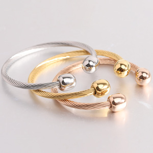 Cable Fashion Open Bangle 62mm Stainless Steel <b>Bracelet</b> <b>Ball</b> Shape Unisex Jewelry Rose Gold Gold Steel Color - Product Image 1