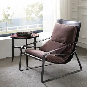Italian Minimal Saddle Leather Fabric Lazy Couch Chair Modern Solid Iron Frame Down Filled Living Room Armchair