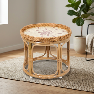 Table d'appoint/table basse ronde au design moderne et abordable, avec des éléments en rotin naturel et un motif nacre. - Product Image 4