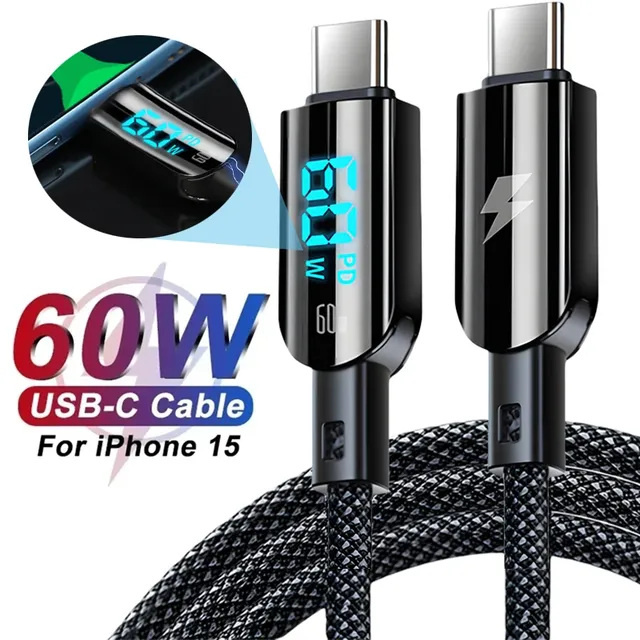 PD 60W Type-C 3A Fast Charging Cable PVC USB 3.0 for Camera Mobile Phones Tablets
