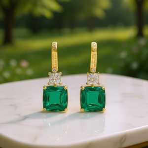 Pendientes E2027 Green Drop, Chapados en Oro de 18K, con Esmeralda y Diamante Corte Princesa, Joyería Clásica para Mujer, Ideal para Fiestas - Product Image 2