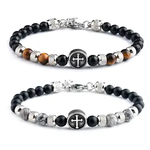 New Design Natural Stone Beads Cross Charm Bracelet Stainless Steel Clasp Custom Design Bracelets Jewelry For Men